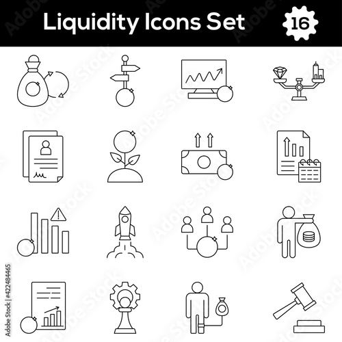 Black Line Art Set of Liquidity Icon In Flat Style.