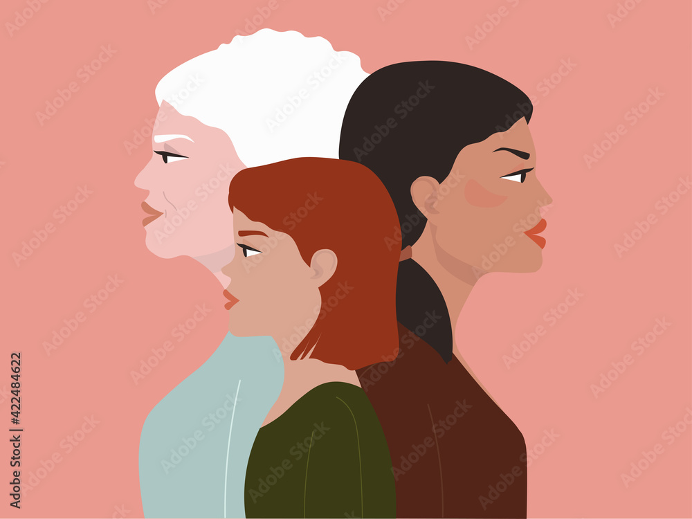 Beautiful older mother, grandmother and her adult daughter, a little girl in profile. The concept of motherhood, family, friendship, care and love, different generations. Vector graphics.