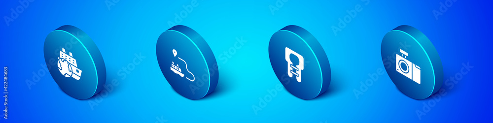 Set Isometric Cruise ship, Life jacket, Photo camera and Ship line path icon. Vector Set Isometric Cruise ship, Life jacket, Photo camera and Ship line path icon. Vector