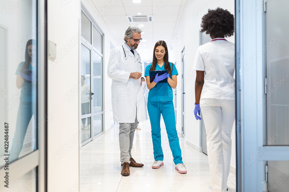 Female Surgeon and Doctor Walk Through Hospital Hallway, They Consult Digital Tablet Computer while Talking about Patient's Health. Modern Bright Hospital with Professional Staff. Female Surgeon and Doctor Walk Through Hospital Hallway, They Consult Digital Tablet Computer while Talking about Patient's Health. Modern Bright Hospital with Professional Staff.