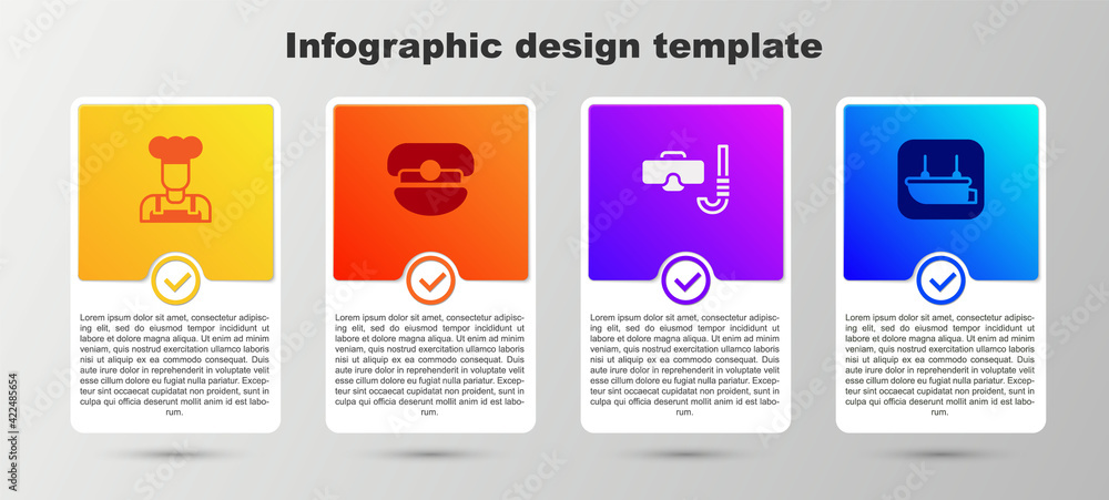 Set Cook, Captain hat, Diving mask and snorkel and Lifeboat. Business infographic template. Vector Set Cook, Captain hat, Diving mask and snorkel and Lifeboat. Business infographic template. Vector
