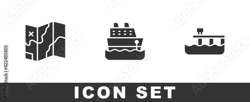 Set Folded map, Cruise ship and Beach pier dock icon. Vector