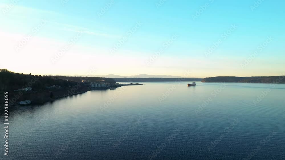 Scenic Bay Area Boats And Architecture At The Edge Of Dune Penninsula Park In Tacoma Washington - aerial shot Scenic Bay Area Boats And Architecture At The Edge Of Dune Penninsula Park In Tacoma Washington - aerial shot