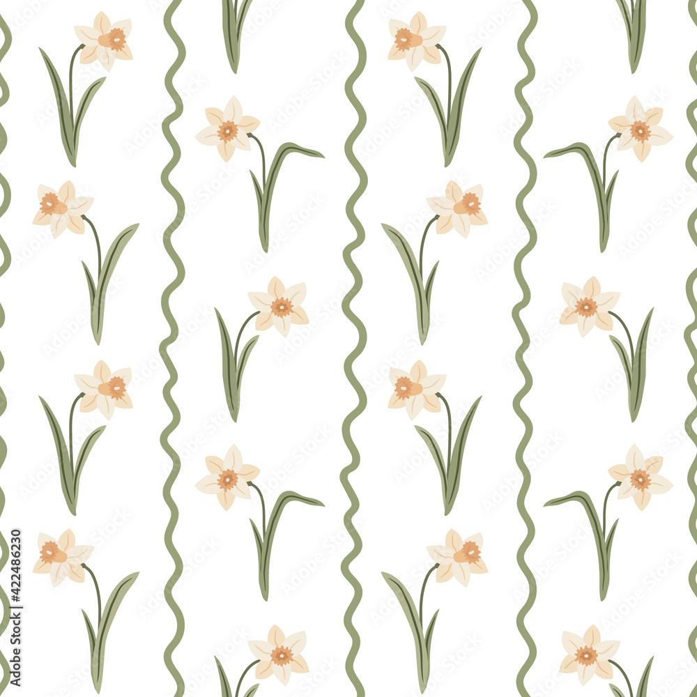 beautiful spring floral seamless pattern with cream daffodils and wavy vertical lines