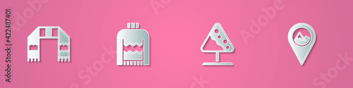 Set paper cut Winter scarf, Christmas sweater, Road sign avalanches and Location with mountain icon. Paper art style. Vector