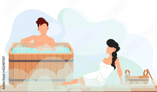 People in relationship relaxing in hot steam, cleaning body and spending time together in sauna