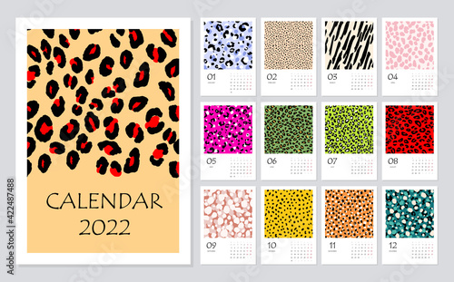 2022 calendar planner with abstract modern leopard pattern. Corporate week. Template layout, 12 months yearly. Simple design for business brochure, flyer, print media, advertisement. A2 size