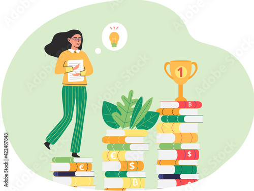 Business concept of success with businesswoman walking up stairs from books for her corporate career