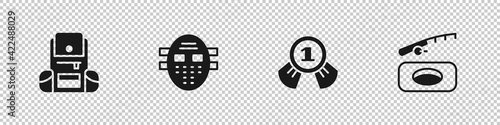 Set Hiking backpack, Hockey mask, Medal and Winter fishing icon. Vector