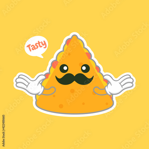cute and kawaii quesadilla character. mexican food flat design illustration. Hand drawn cute emoji. Vector flat emoticon illustration of Mexican fast food. Spices traditional food