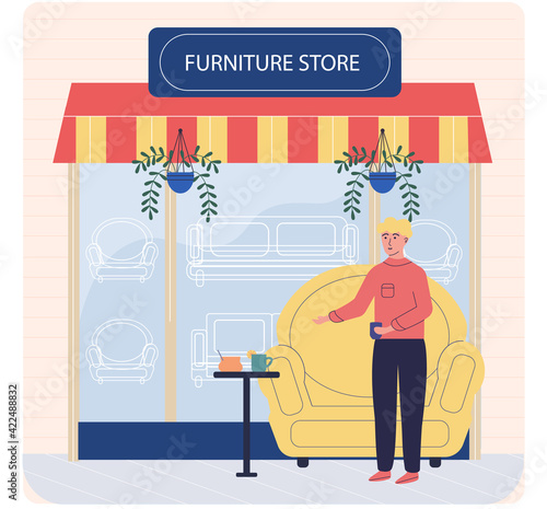 Furniture store, male buyer consults with seller regarding purchase of comfortable couch during sale
