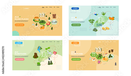 Welcome to Jeju island in South Korea, traditional landmarks, symbols. Korean land with traditional attractions