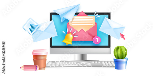 Subscribe to email newsletter vector banner, internet marketing illustration, computer screen, keyboard. Business web mailing website template, open envelope, notification bell. Subscribe newsletter