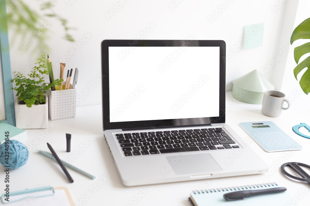 Fototapeta premium Laptop screen mock up at home office desk with succulent, accessories, notes. 