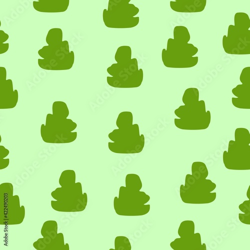 Vector seamless pattern with green trees and bushes. Green background. Cartoon style. Spring and summer. Nature and ecology. Post cards, wallpaper, wrapping paper, scrapbooking, textile. Go vegan