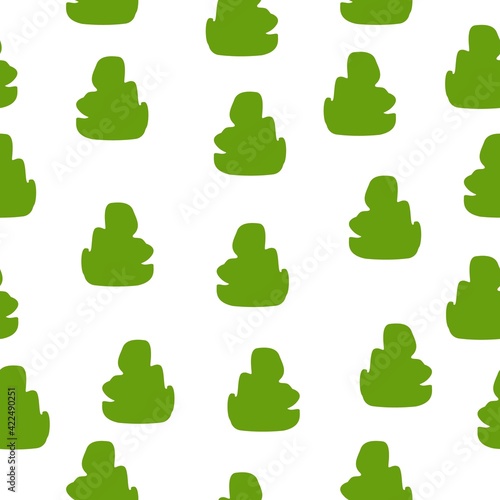 Vector seamless pattern with green trees and bushes. White background. Cartoon style. Spring and summer. Nature and ecology. Post cards, wallpaper, wrapping paper, scrapbooking, textile. Go vegan