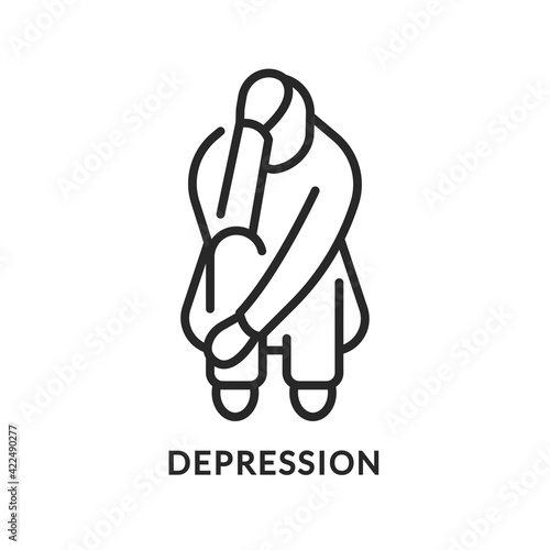 Depression flat line icon. Vector illustration mentally ill person