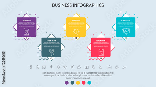Vector business infographic label with squares for five label, diagram, graph, presentations. Rhombus concept with 5 options or steps used with chart, flowchart, web, timeline, workflow, marketing
