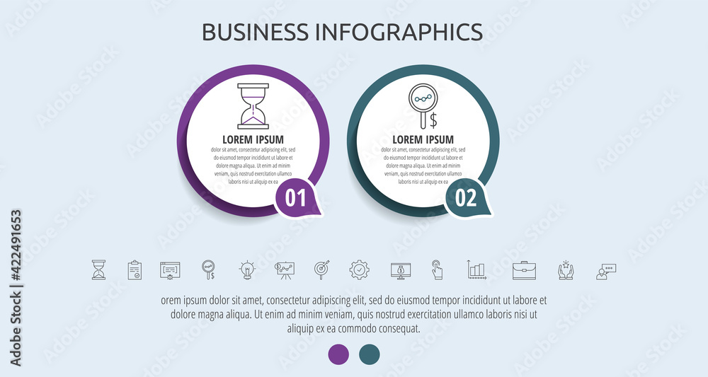 Fototapeta premium Circles vector line infographic with 2 step, icons. Timeline used for diagram, chart, web, banner, workflow layout, presentations, flowchart, info graph, content, levels, chart, processes diagram