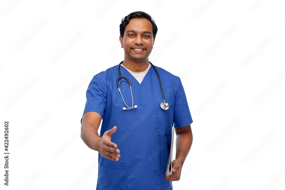 happy indian male doctor giving hand for handshake happy indian male doctor giving hand for handshake