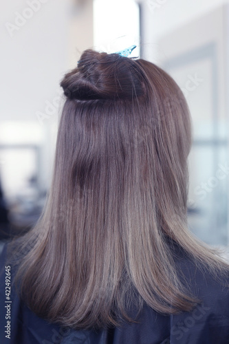 light brown long loose hair closeup photo in hair salon back view