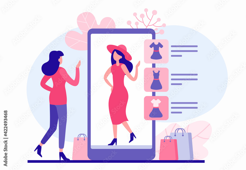 Woman trying clothes in web application illustration. Female character chooses red dress and hat from online store and virtually dresses them. Woman trying clothes in web application illustration. Female character chooses red dress and hat from online store and virtually dresses them.