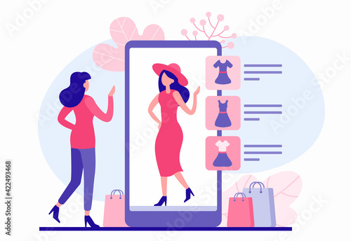 Woman trying clothes in web application illustration. Female character chooses red dress and hat from online store and virtually dresses them.