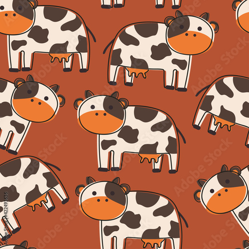 Seamless pattern with cute cartoon cow for fabric print, textile, gift wrapping paper. colorful vector for kids, flat style