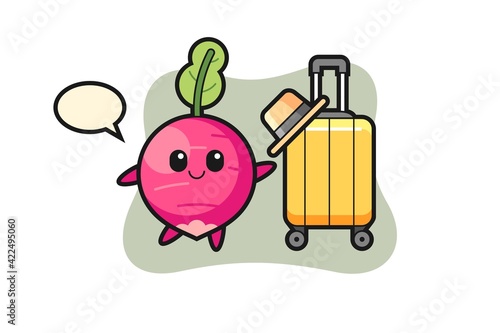 radish cartoon illustration with luggage on vacation