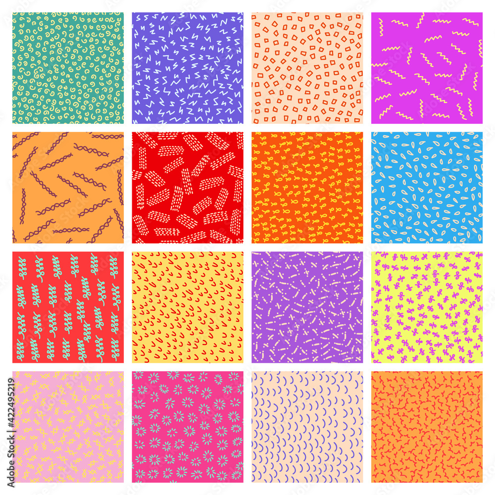 Abstract seamless pattern vector set with different hand painted elements in memphis style. Abstract seamless pattern vector set with different hand painted elements in memphis style.
