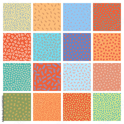 Abstract seamless pattern vector set with different hand painted elements in memphis style