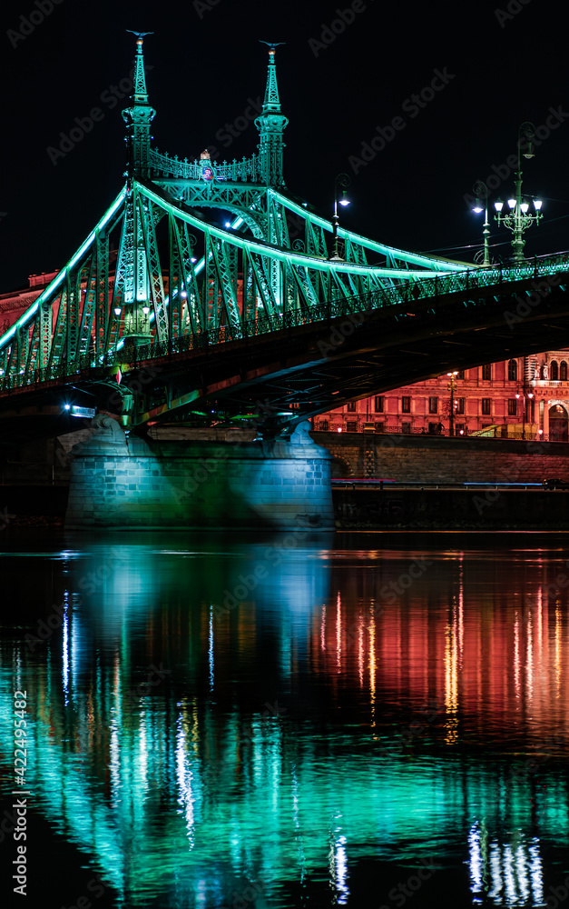 Fototapeta premium Budapest at night, Freedom Bridge on the Danube River, reflection of night lights on the water
