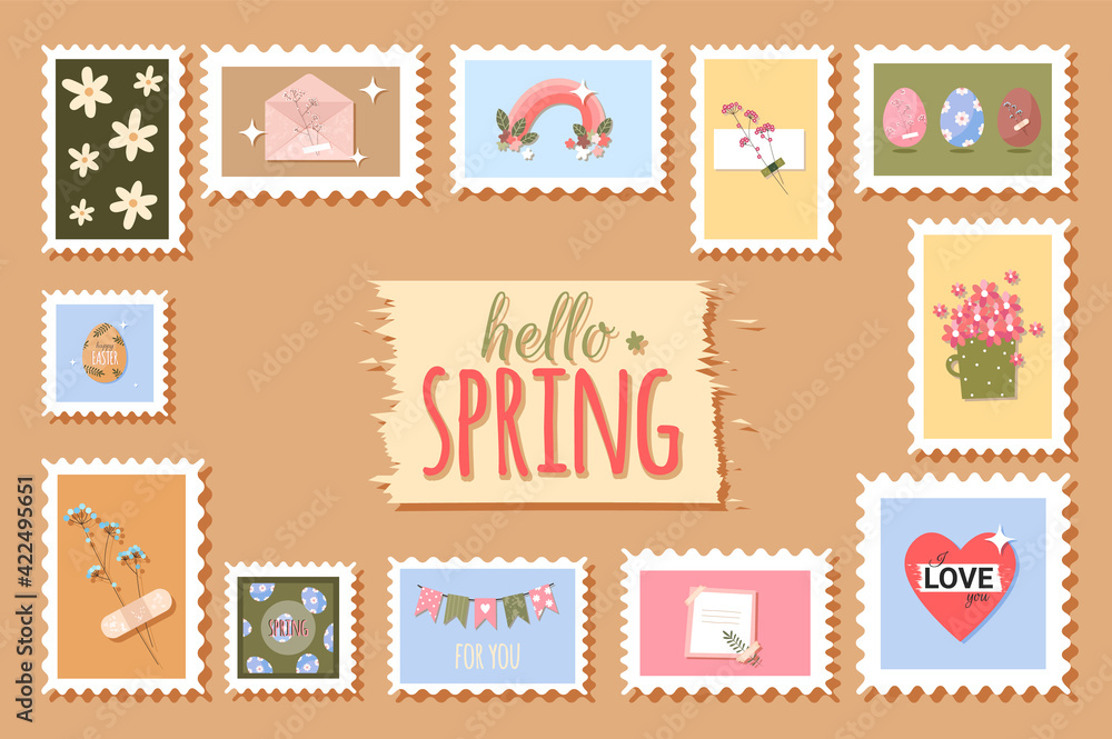 Spring romantic postage stamps with flowers and cute easter elements. Vector stock illustration