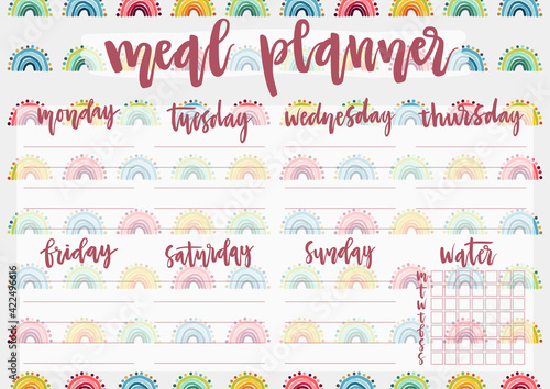 Cute A4 template for weekly and daily meal planner with lettering and hand drawn rainbows. Organizer and water check list. Trendy self-organization concept for 2021 with graphic design elements.