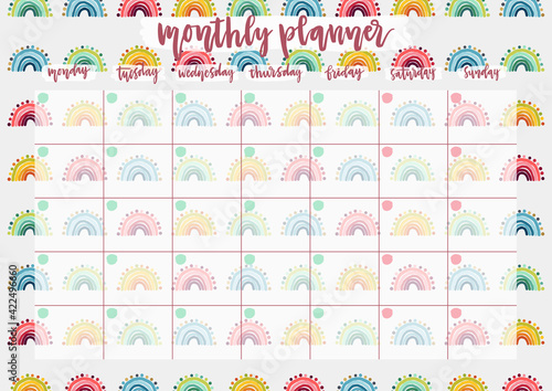 Cute monthly planner for 2021 year on colorful background with hand drawn rainbow. A4 print ready open date calendar design. Template vector illustration for self-organization and time management.
