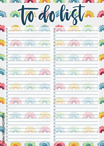 Cute A4 template for To Do List with lettering and hand drawn rainbows background. A4 print ready organizer with lined page and check boxes. Trendy self-organization concept for 2021 year.