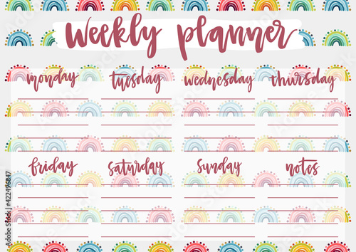 Cute A4 template for weekly and daily planner with lettering and hand drawn rainbows. Organizer and schedule with notes. Trendy self-organization concept for 2021 with graphic design elements.