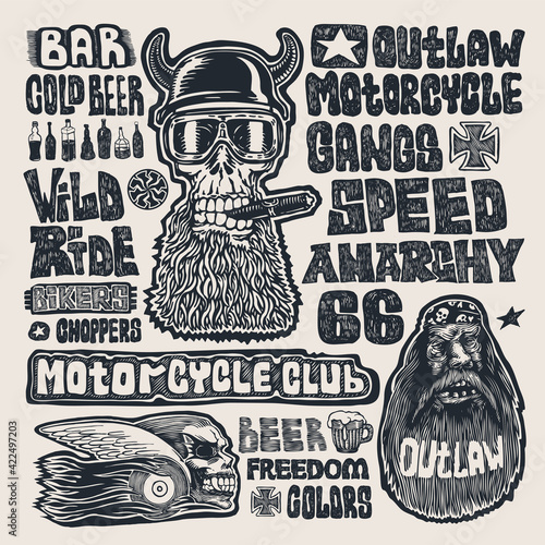 Bikers doodles set, hand drawn design elements, vector illustration	