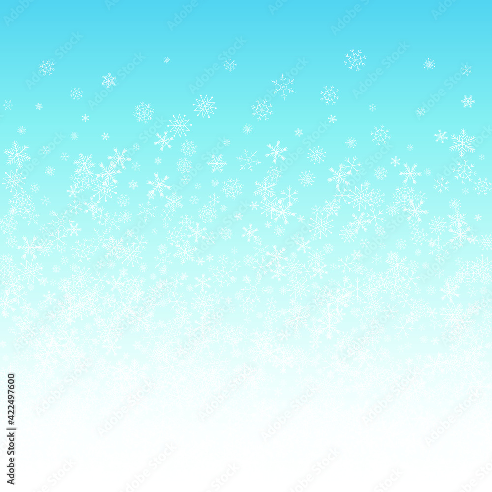 White Snow Vector Blue Background. Sky Snowflake Wallpaper. Gray Christmas Card. Xmas Snowfall Design.