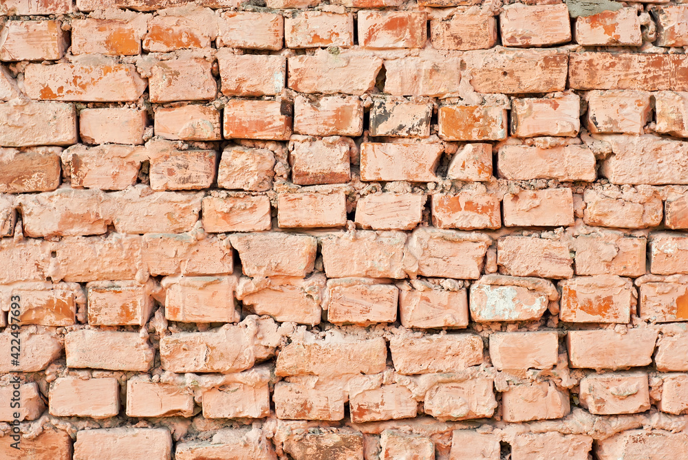 Fototapeta premium Texture of brick wall. Samples of wall or fence are presented at exhibitions. Orange brick close up.