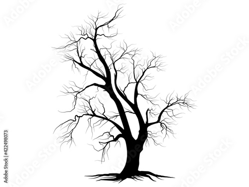 Black branch tree silhouette isolated set on white background, Hand drawn vector.