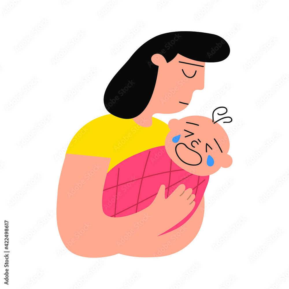 Young mother holding crying baby. Illustration on white background. 