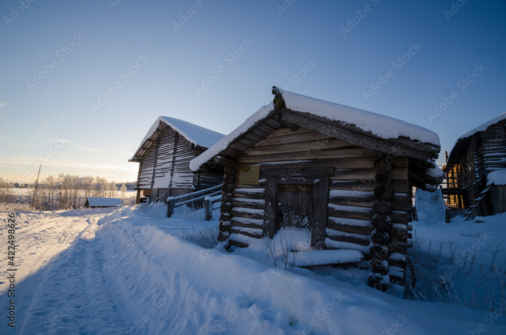Peasant barns in the village of Kiltsa. Russia, Arkhangelsk region, Mezensky district 