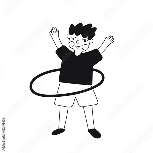 Little boy spin hula hoop. Outline illustration on white background.