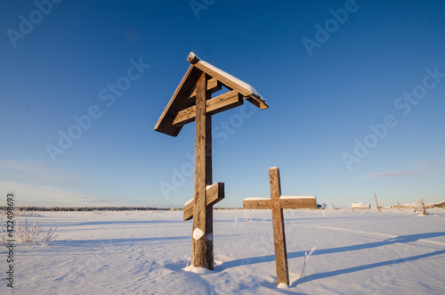 February, 2021 - Kiltsa. Antique wooden worship crosses. Russia, Arkhangelsk region, Mezensky district 