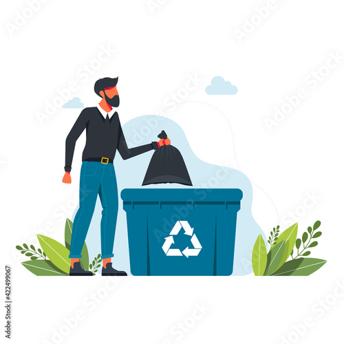 a man throws a garbage bag into a trash can, garbage recycling sign Volunteering people, ecology, environment concept Human, man throws rubbish in garbage bin.vector illustration. clean planet concept
