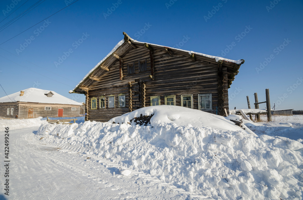 The beautiful northern village of Kilza. Russian village in winter. Russia, Arkhangelsk region, Mezensky district 