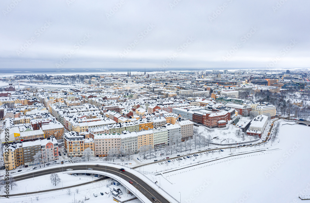 Aerial view of Kruununhaka central neighborhood of Helsinki. An amazing winter cityscape.