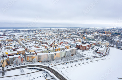 Aerial view of Kruununhaka central neighborhood of Helsinki. An amazing winter cityscape.