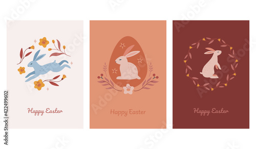 Cute hand drawn Easter design with bunnies, flowers, easter eggs, beautiful background, great for Easter Cards, banner
